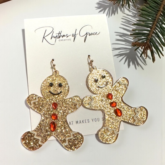 Gingerbread Man Christmas Dangle Earrings – Sparkly Holiday Jewelry, NWT - Picture 2 of 7